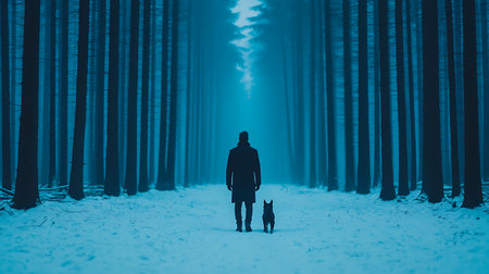 Man with dog in the winter forest. A man walks with a dog in a winter forest.の写真素材