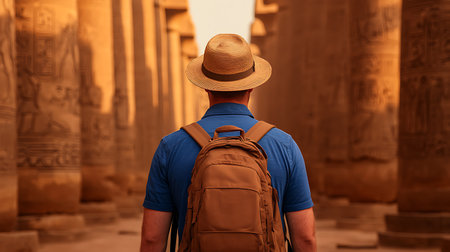 Back view of young man in hat and blue t-shirt with backpack standing at the ancient ruins of Karnak temple in Luxor, Egyptの写真素材
