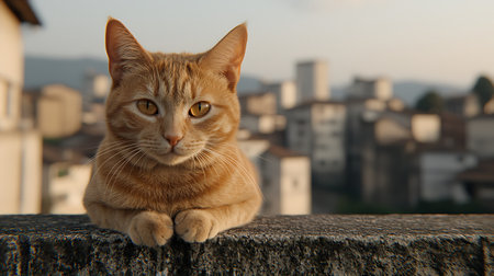 Cute ginger cat sitting on the wall with sunset in the backgroundの写真素材