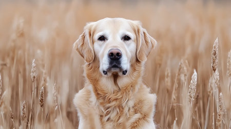 Golden Retriever in a field of wheat. Selective focus.の写真素材