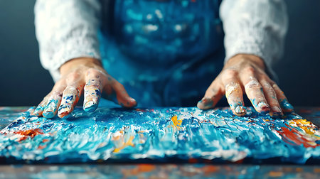 Hands of an artist painting on canvas. Close-up.の写真素材