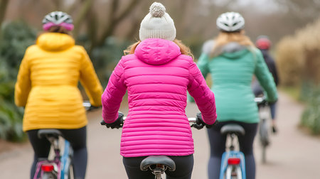 Back view of a group of women riding their bikes in the parkの写真素材