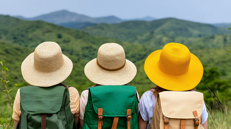 Back view of group of tourists with backpacks standing on the mountainの写真素材