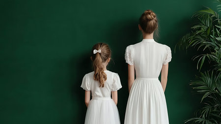 Back view of two little girls in white dresses standing back to back against green chalkboardの写真素材
