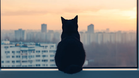 A black cat sits on the windowsill and looks at the city.の写真素材