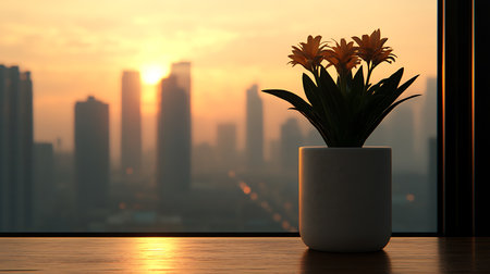 Flower in vase on the wooden table with cityscape backgroundの写真素材