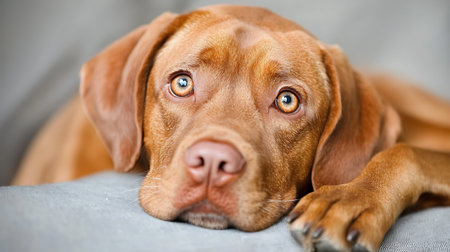 Hungarian Vizsla dog lying on a sofa in the living room