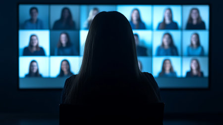 Silhouette of a woman in front of a TV screen with many people