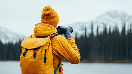 Back view of a young man in a yellow jacket and a hat with a camera on the background of the frozen lake.の写真素材