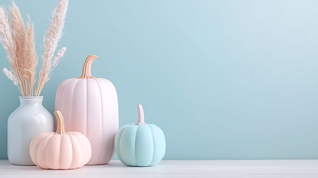 Colorful pumpkins in vase and dry pampas grass on blue backgroundの写真素材