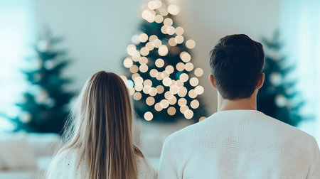 back view of couple looking at christmas tree in living room at homeの写真素材