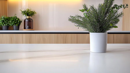 White vase with green plant on white marble table in modern kitchenの写真素材
