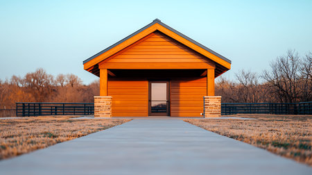 Orange garage in a rural setting with a path leading to the entrance