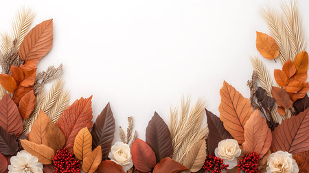 Autumn leaves and berries on white background with copy space for text.