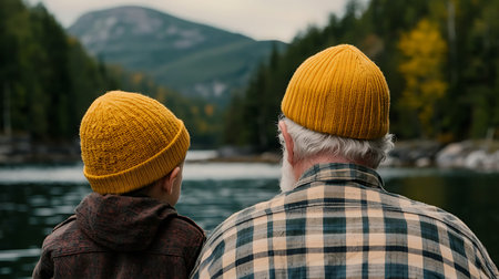Back view of senior man and woman in hats looking at mountain lakeの写真素材