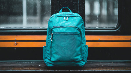 Blue backpack on the platform of a train station in rainy weather.