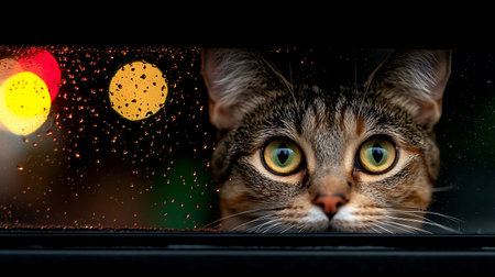 Cat looking through the window with rain drops on the glass at nightの写真素材