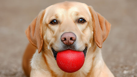 Labrador retriever dog with a red ball in the mouth.の写真素材