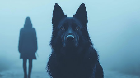 Portrait of a german shepherd dog with a woman in the fogの写真素材