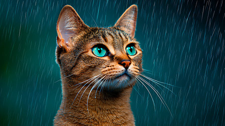 Portrait of a cat with blue eyes in the rain on a dark background.の写真素材