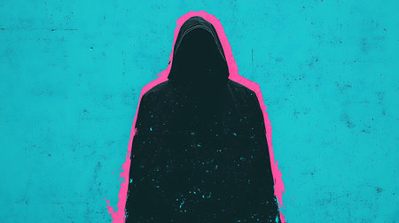 Mysterious silhouette of a woman in a hood on a blue backgroundの写真素材
