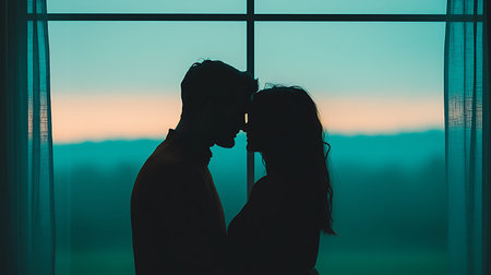 Silhouette of a loving couple standing near the window at sunset.の写真素材