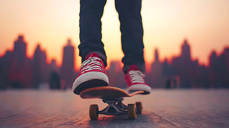 skateboarder legs riding skateboard on the city at sunsetの写真素材