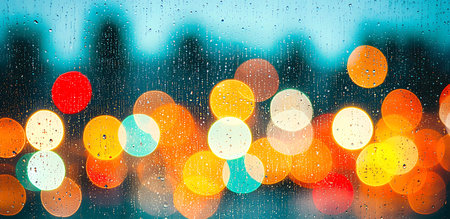 Rain drops on the window with bokeh lights. Abstract background