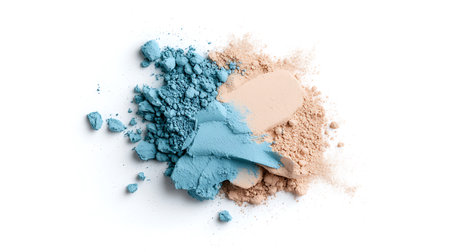 Crushed eyeshadow palette isolated on white background. Top view.の写真素材