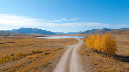 Steppe in autumn with yellow grass and blue skyの写真素材