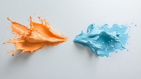 blue and orange paint splashes isolated on white background, top viewの写真素材