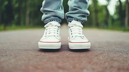 Closeup of woman legs in jeans and white sneakers walking on the road.の写真素材