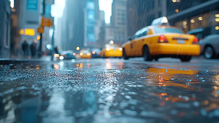 Rainy day in New York City. Yellow taxi on the road in the evening.