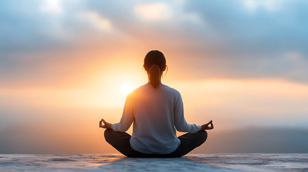 Woman practicing yoga in the lotus position with sunset sky background.の写真素材