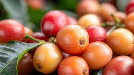 Coffee beans on tree with green leaf background, close upの写真素材