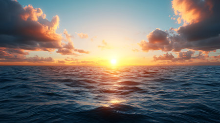 Conceptual sea or ocean water waves and sunset sky cloudscape backgroundの写真素材