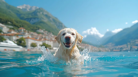 Cute golden retriever swimming in the lake with mountains in the backgroundの写真素材