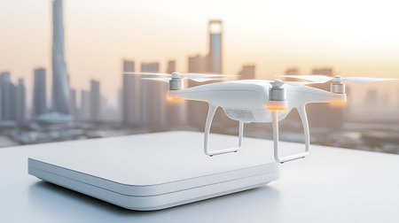 Drone with digital camera flying over the city. 3d rendering