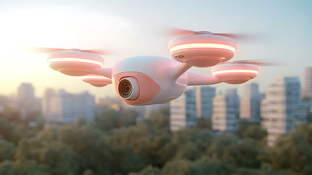 Drone flying in the sky. 3d rendering. High quality photoの写真素材