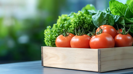 Fresh vegetables in wooden box on table in kitchen. Healthy eating conceptの写真素材