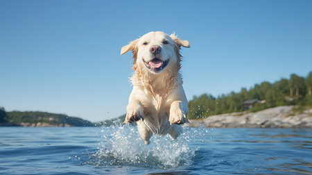 Golden Retriever running in the water on a sunny summer dayの写真素材