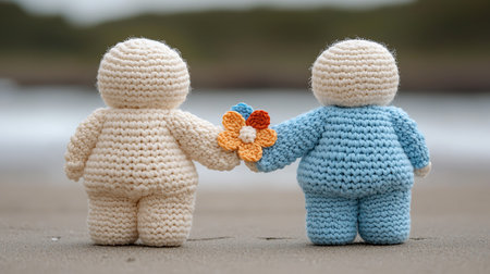 Two knitted toy bears with a flower on the seashoreの写真素材