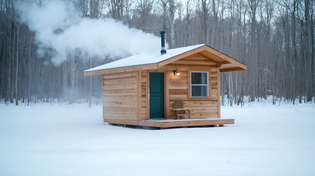 Wooden log cabin in the winter forest. Beautiful winter landscape.の写真素材