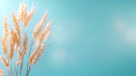 Spikelets of wheat on a blue background with copy space.の写真素材