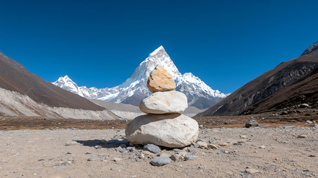 Pile of stones in front of a mountainの写真素材