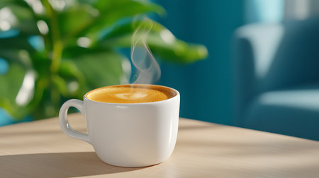 Cup of coffee on the table in the room with green plantの写真素材