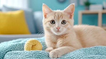 Cute ginger cat with ball of yarn on sofa in living roomの写真素材