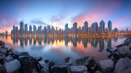Panorama of the skyline at sunsetの写真素材