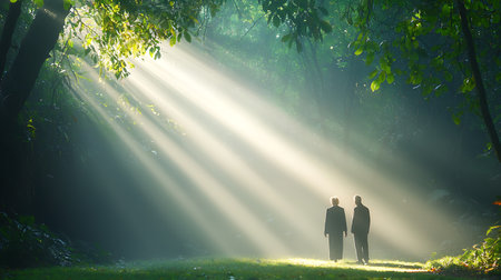 Man and woman standing in the morning sunbeams in the forestの写真素材