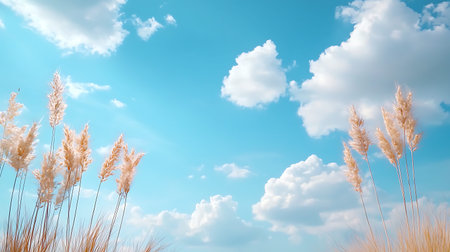 Dry reeds on a background of blue sky with clouds.の写真素材